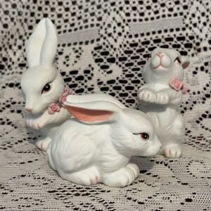 Vintage White Porcelain Rabbit Figurines Set of 3 Pink Floral Bisque Bunnies